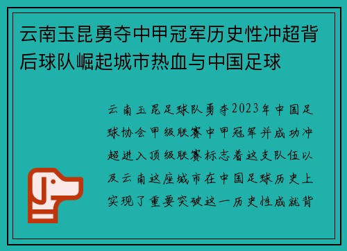 云南玉昆勇夺中甲冠军历史性冲超背后球队崛起城市热血与中国足球